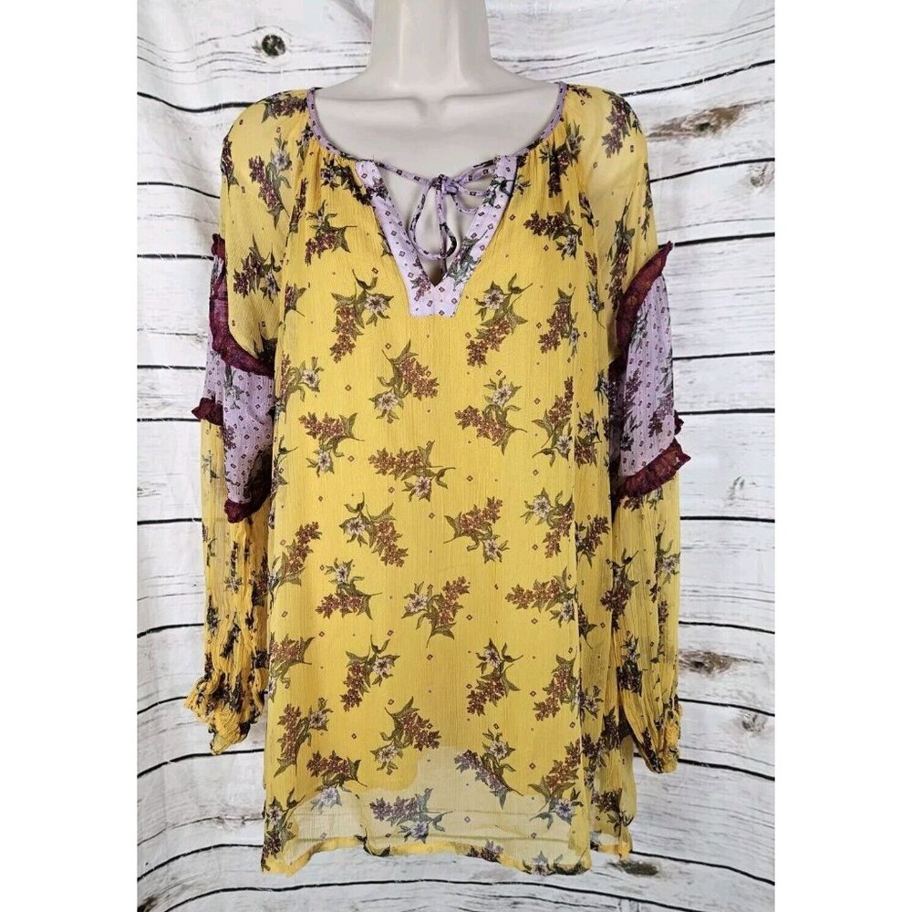 Sundance Yellow Purple Floral Chiffon Top L Peasant Tie Sheer Boho Ruffle Cupro
